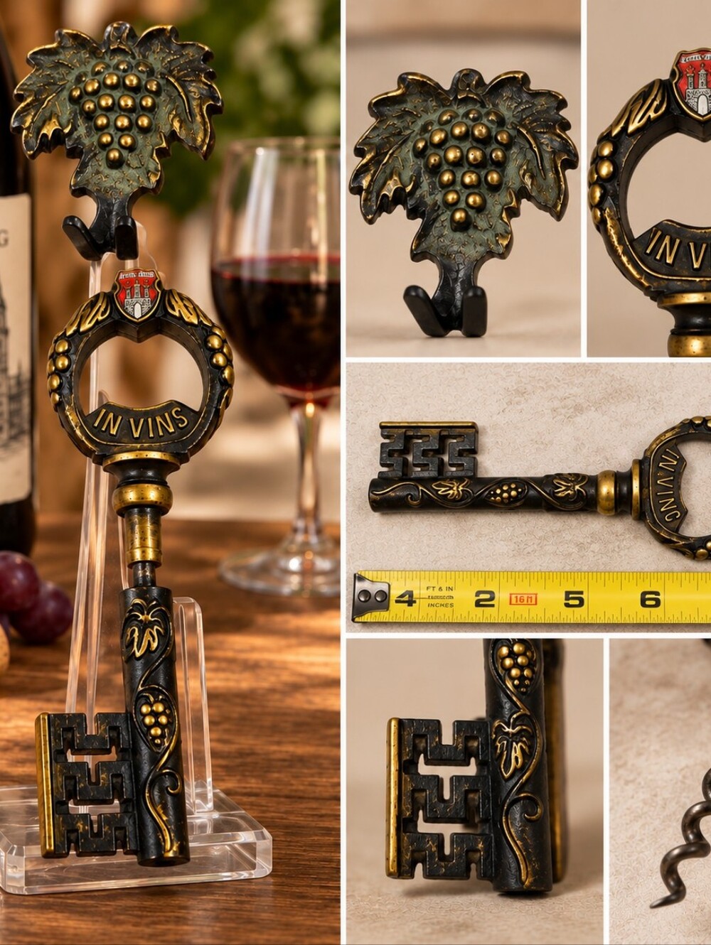 Vintage Hamburg Germany Key Corkscrew & Grape Wall Hook